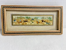 Antique Miniature Knights Scene Persian Pianting On Bone in a Khatam Wood Frame
