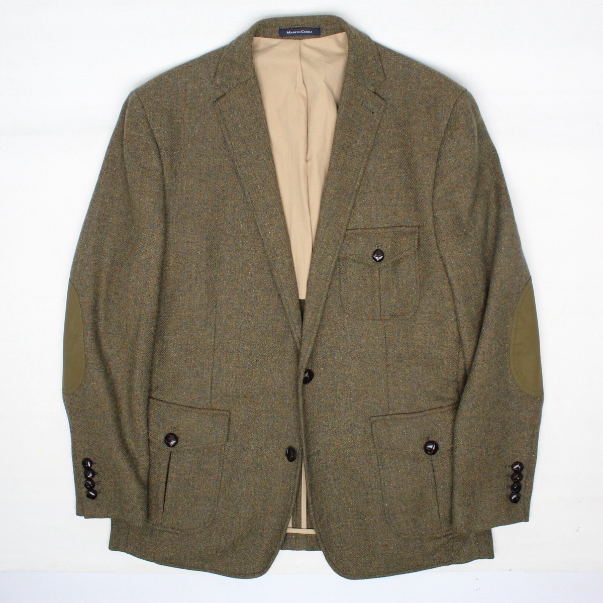 Lands End Half Norfolk Jacket Mens 42R Green Wool Mix Patch