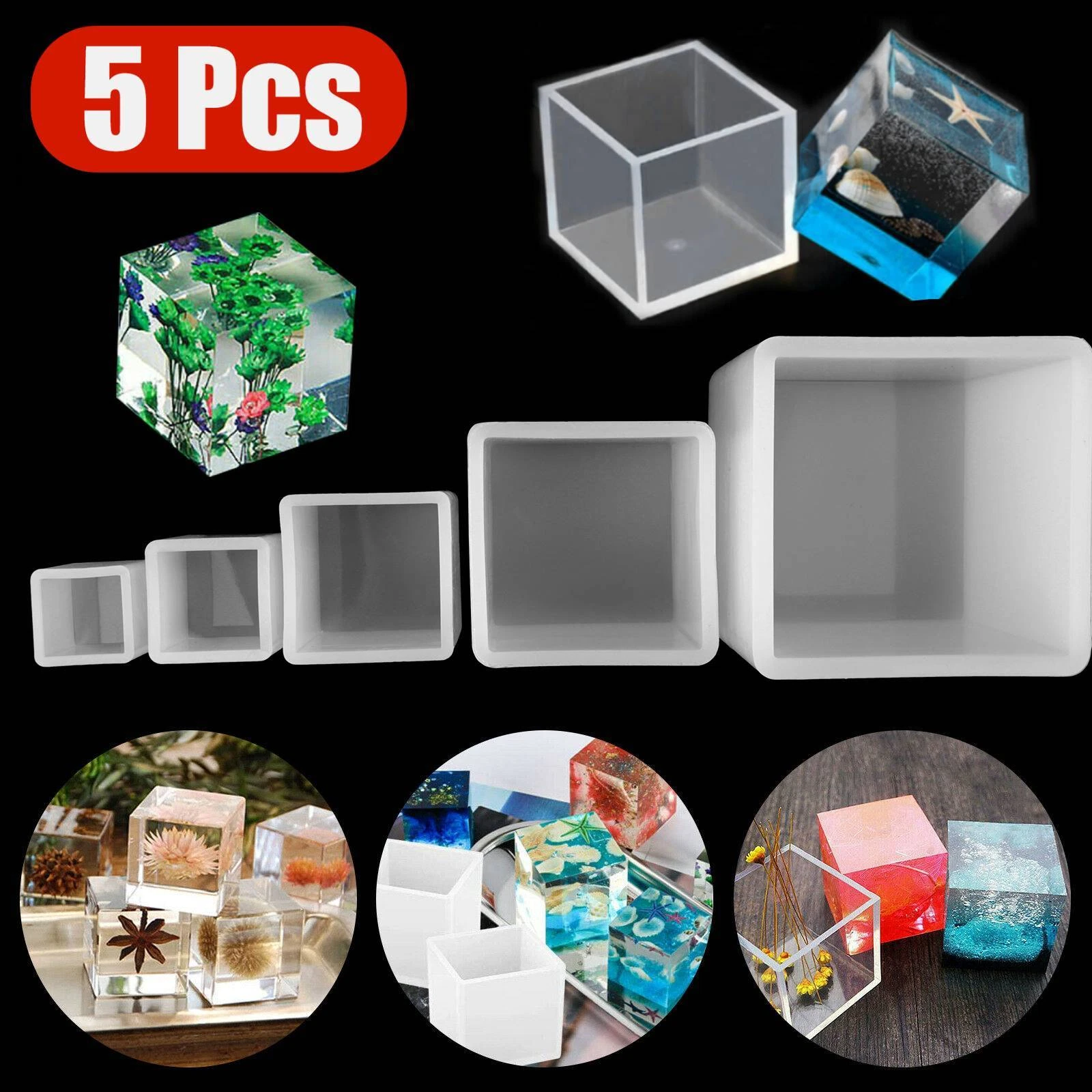 5X Silicone Resin Casting Mold Square Cube Clear Box DIY Epoxy Craft Mould Tool