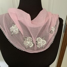 Scarf Pink Sheer Beaded Sequins Hand Embroidery Polyester 11" x 44" Good Cond