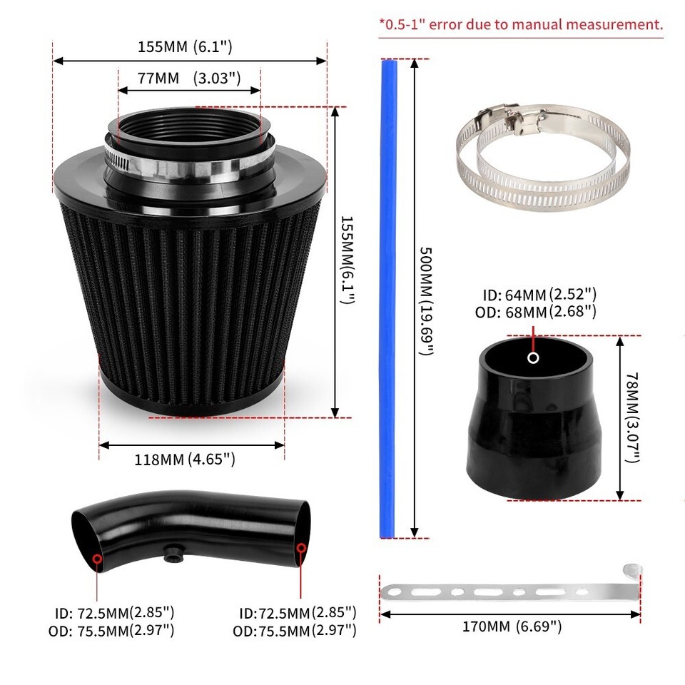 Car Cold Air Intake Filter Alumimum Induction Pipe Hose System Accessories Red E - Foto 9