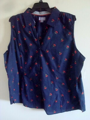 Ladies Plus Blouse Cherry Design Size 3X Navy