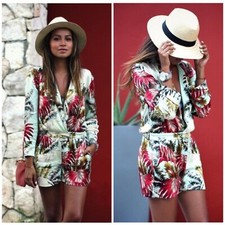 Topshop Green Pink Tropical Floral Satin V-Neck Long Sleeve Romper Size 10 Large