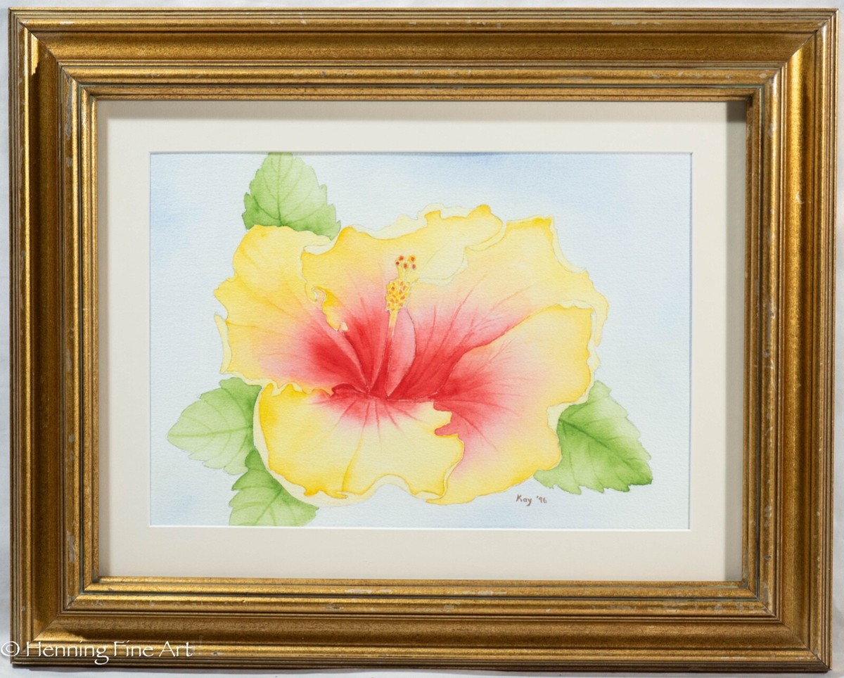 Beautiful Vintage Floral Painting of Tropical Yellow & Pink