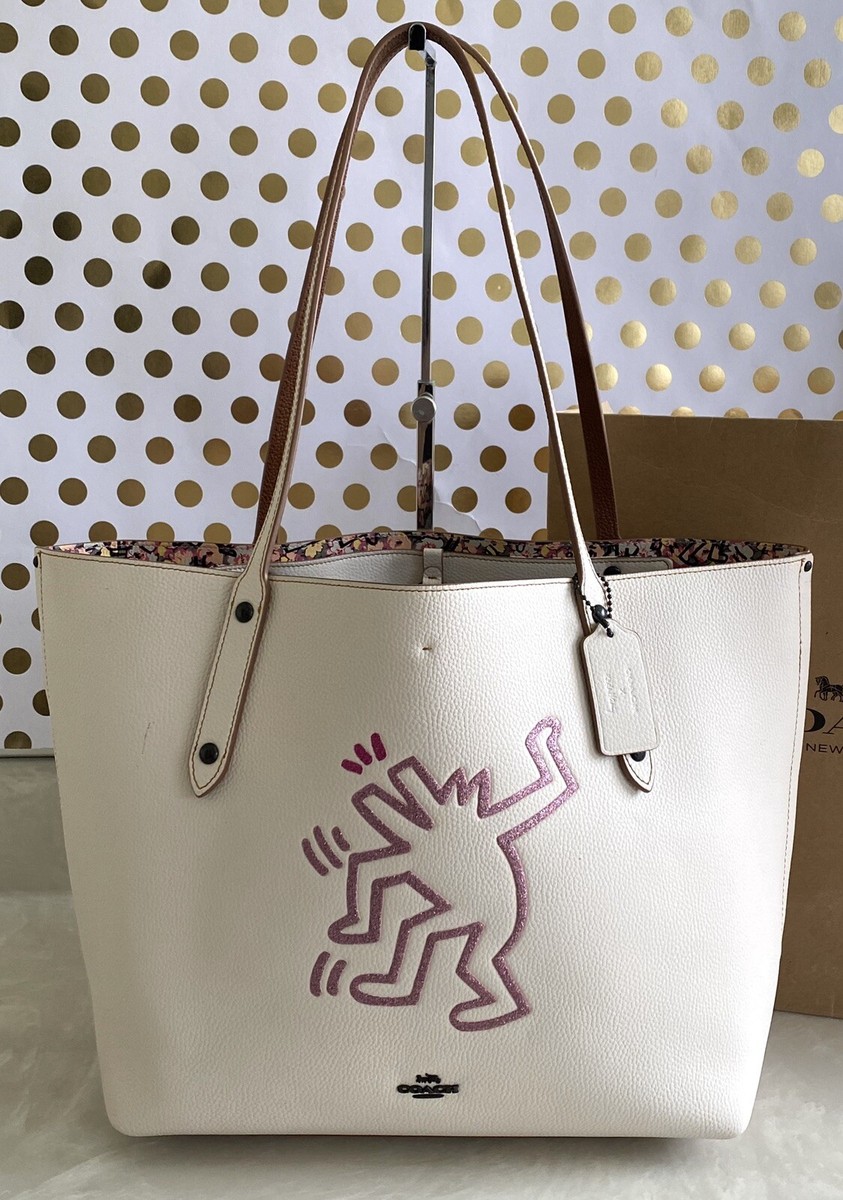 COACH KEITH X HARING CHALK PEBBLED LEATHER MARKET TOTE 28646 EUC