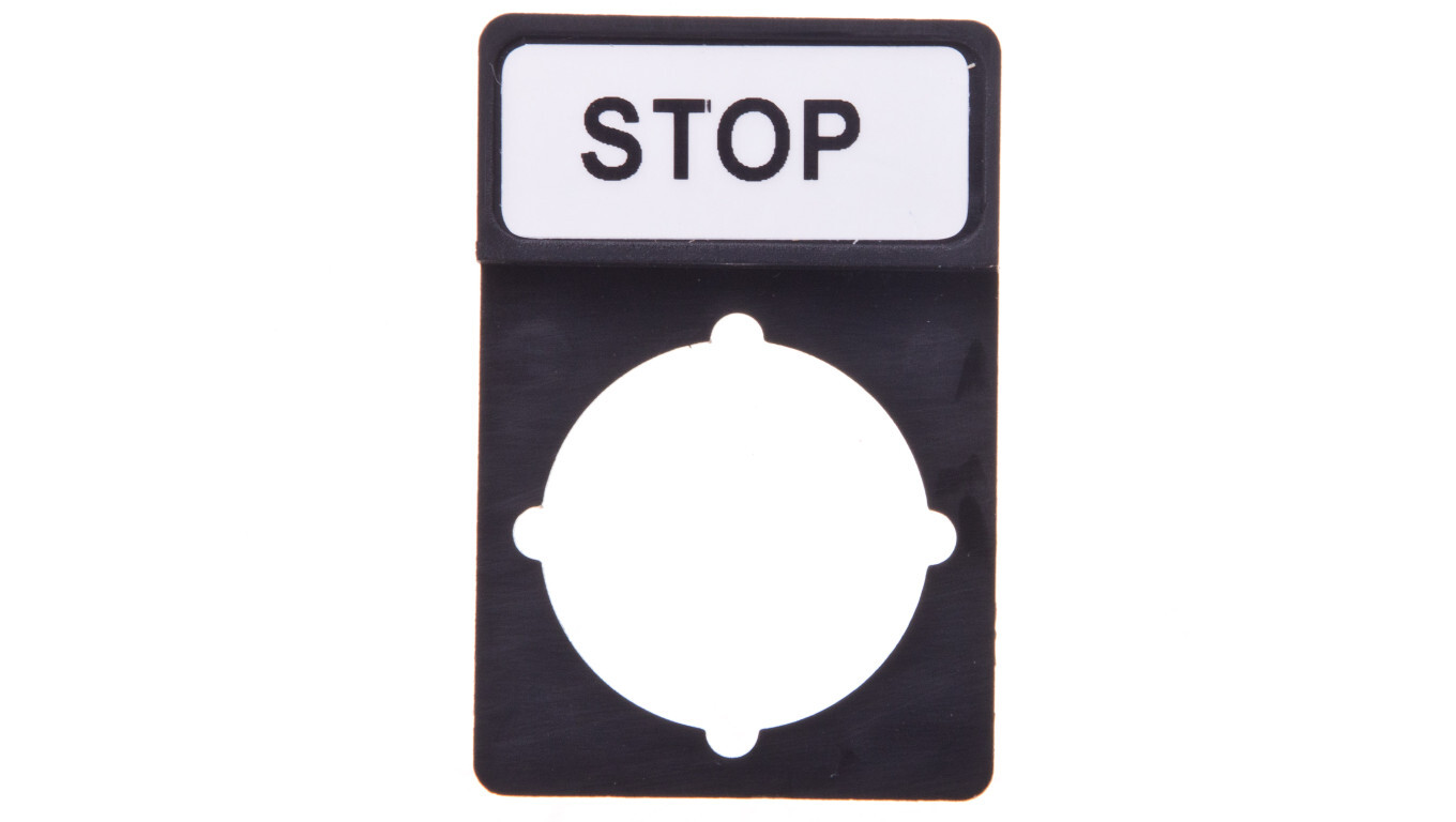 Description plate STOP 44x30mm black rectangular ST22-1901P03 /T2UK