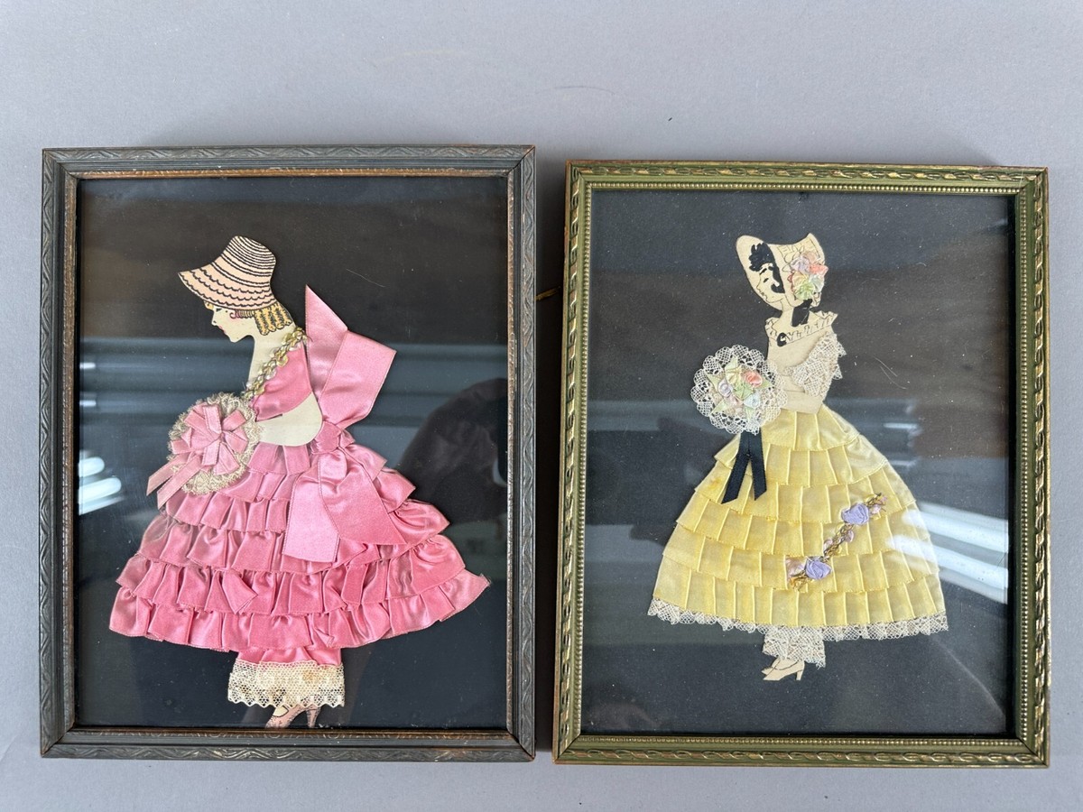 Silk Paper Doll Dress picture frame Bonnet Flowers Lace Victorian Antique  Pair 2