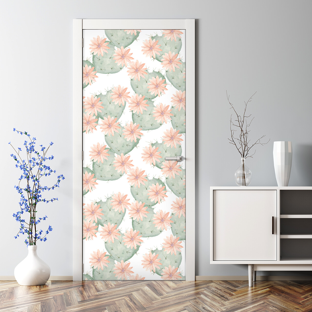 Cactus Flower Watercolour Cactus and Flowers Pattern Self Adhesive Door Decal