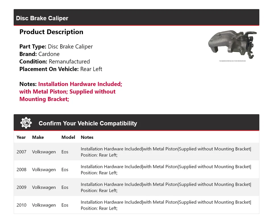 Pinza de freno de disco trasera izquierda cardone 2008 2009 para Volkswagen Eos 2007-2010 Foto 2 de 4