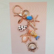 Bag Charm/Key Chain with Porcelain Fish, Sea Shells, and Starfish