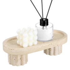 Natural Travertine Oval Tray with 2 Legs, 10" Stone Bathroom Vanity Tray Perf...