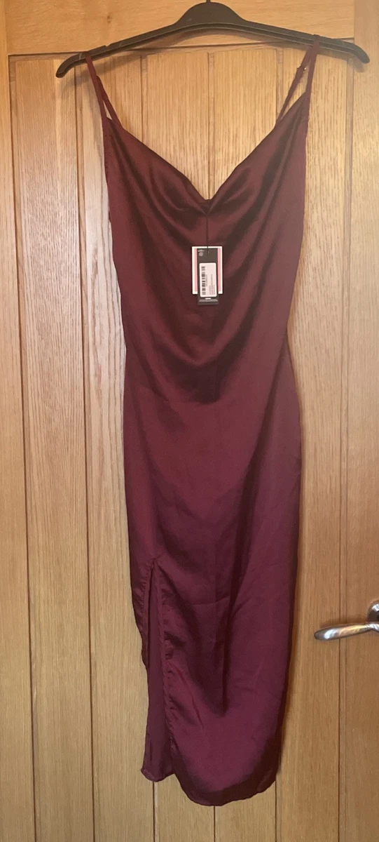 knee length dresses for ladies Alesso Burgundy Satin Cowl-Neck Slip-Maxi Dress – Club L London