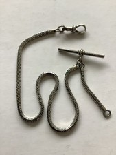 Pocket Watch Chain Antique 1930s Albo Silver Snake Link Albert With Swivel T Bar