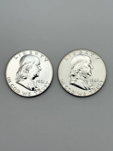 1961 ,1962 Franklin Silver Proof Half Dollars 90% Silver Gem Proof Lot #1130