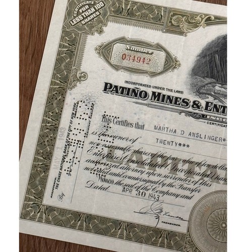 1943 Patino Mines & Enterprises Consolidated Stock Certificate 20 Shares ABNCo