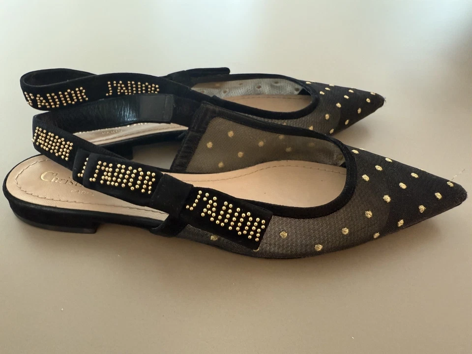 Zapatos para mujer J'Adior Slingback malla plana Pokadot punta puntiaguda negros Foto 2 de 4