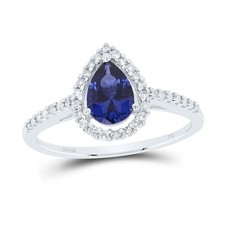 10K White Gold Diamond & Created Sapphire Pear Teardrop Engagement Ring 1 TCW