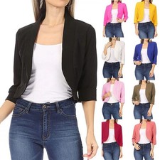 UK Ladies Summer Crop 3/4 Sleeves Office Work Blazer Suit Coat Jacket Tops Size