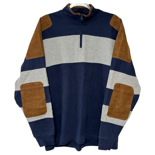 Orvis Herren Shirt Quarter Zip blau Streifen Rugby Pullover Vintage Sweatshirt Patches L