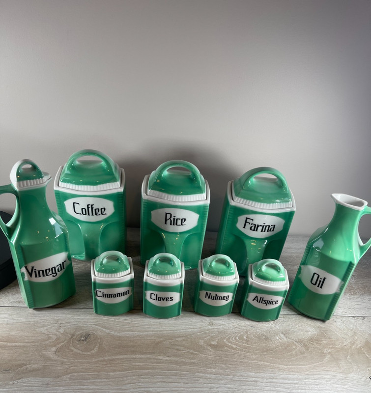 Rare German Art Deco Jade Green Porcelain Canister Spice Oil Vinegar Set 9 Pc