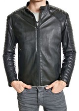 Men  s Black Real Lambskin Leather Moto Quilted Jacket Motorcycle Cafe Racer Coat