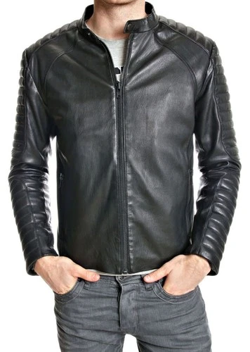 Men’s Black Real Lambskin Leather Moto Quilted Jacket Motorcycle Cafe Racer Coat - product listing photo