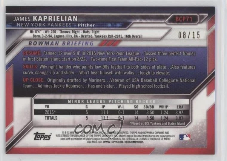 2016 Bowman Twitter Exclusive Blue Refractor /15 James Kaprielian #BCP71 - Image 2 of 2