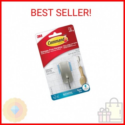 Command Small Bath Hook, Holds up to 1 lb, 1 Satin Nickel Shower Hook with 2 Wat