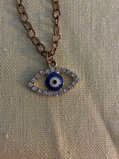 Glass Evil Eye Rhinestones Necklace One Length Gold Chain Super Star Accessories