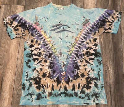 VINTAGE Liquid Blue Ocean Shirt XL Tie Dye All Over Print Nature Dolphin 1990