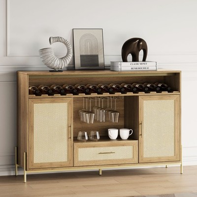 55'' Rattan Wine Bar Cabinet with Glass Holders & Drawer, Camel