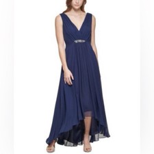 Eliza J Women's Embellished High/Low Chiffon Dress Size 8 Navy Blue NEW NWOT