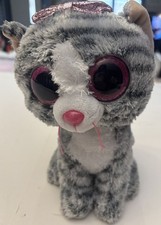 Ty Beanie Boos Kiki Cat Gray Tabby Pink Bow Glitter Eyes Plush Stuffed Animal 9”