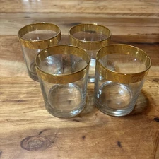 Midcentury Morden Bar Glasses Embossed Gold Rim Italy Set of 4
