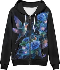 Hummingbird Hoodie – 3D Blue Rose Zip Up Sweatshirt Women’s Floral Jacket