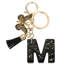 Initial Letter Keychains, Resin Cute Pendant with Butterfly  Tassel, Black-M