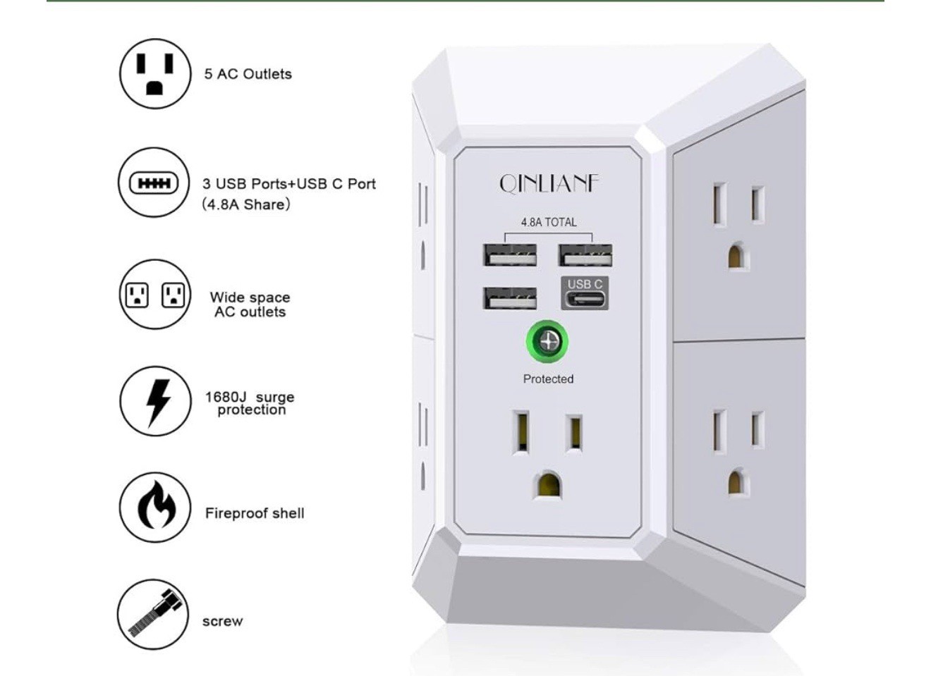 📦✅Wall Charger, Surge Protector, QINLIANF 5 Outlet Extender with 4 USB