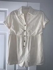 STORIA Size L Button Front Cream Romper Short Sleeve with Pockets 100% Cotton