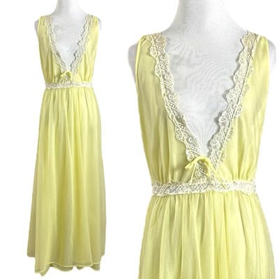 Vintage 70s Yellow Mesh & Lace Plunge Maxi Dress Medium Fairy Coquette Sheer