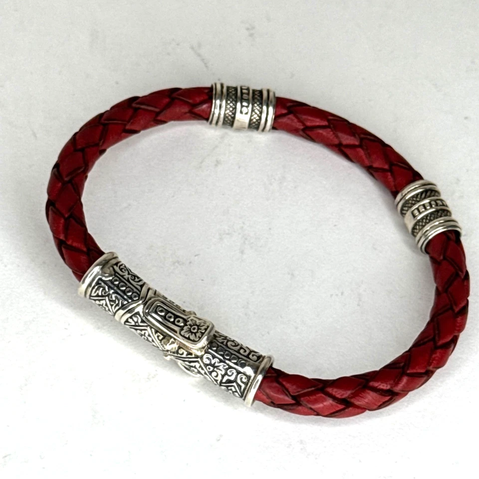 Konstantino Mens Red Braided Leather 925 Sterling Silver Bracelet 7.75" - Image 4 of 4