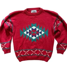 Vintage MIGHTY MAC Wool Cotton Ski Lodge Crew Neck Sweater in Red MEN'S LARGE