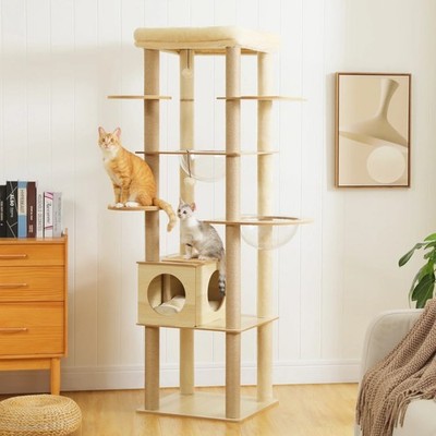 Cat Tree Tower Condo Wood Multi-Level with Hammock Scratcher Posts