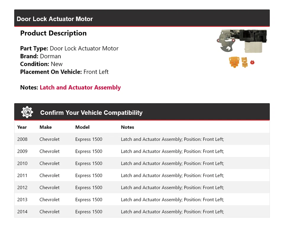 Actuador de cerradura de puerta delantero izquierdo Chevrolet Express 1500 Dorman 2008-2014 Foto 2 de 4