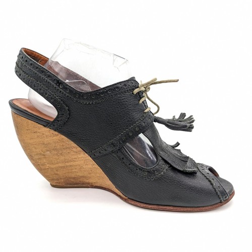 Rachel Comey Sing Black Leather Slingback Lace Up Wood Peep Wedge Womens 9.5 - Picture 3 of 10