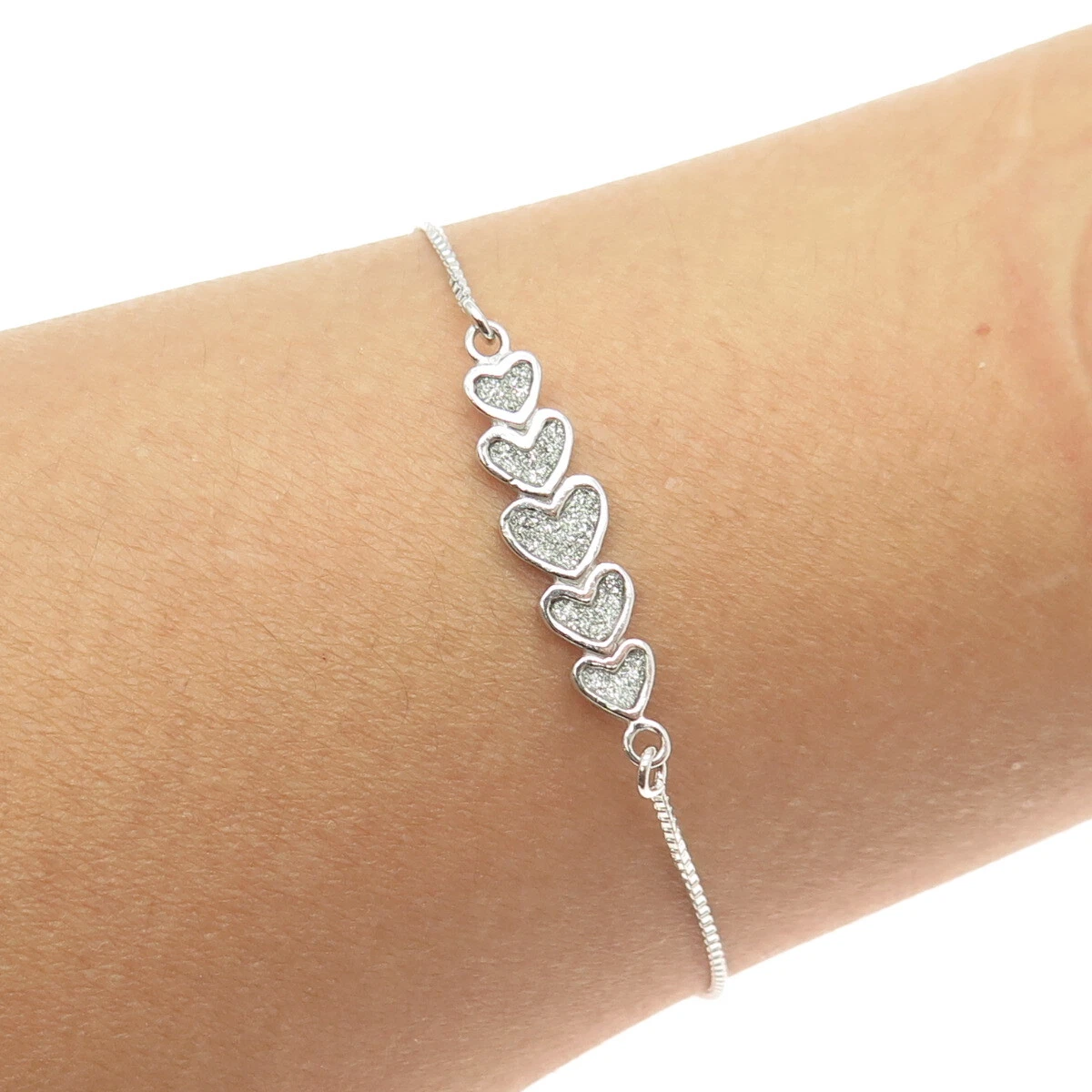 HAN 925 Sterling Silver Diamond Imitation Hearts Box Link Bracelet 6 9