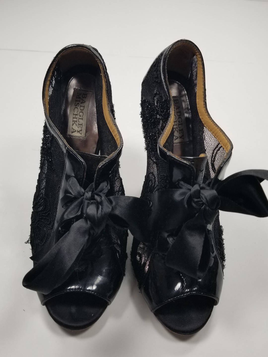 Badgley Mischka Black Satin Lace Peep Toe Lace Up Stiletto Booties Size 8 1/2 M Badgley Mischka Black Satin Lace Peep Toe Lace Up Stiletto Booties Size 8 1/2 M