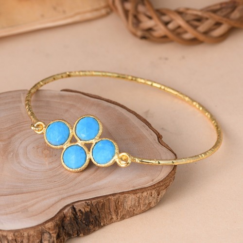 Four Stone Bangles 18K Yellow Gold Plated Brass Charm Fashion Turquoise Bangle - Picture 6 of 8