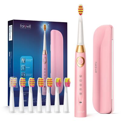 Fairywill Electric Toothbrush with 8 Replacement Brush Heads Trave Case Pink