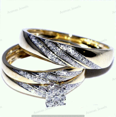 His & Her Engagement Bridal Ring Trio Set 2 CT Moissanite 14K Yellow Gold Plated