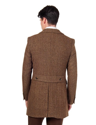 Men Double Breasted Wool Herringbone Long Overcoat Tailored Tweed Winter Jacket - Picture 8 of 13
